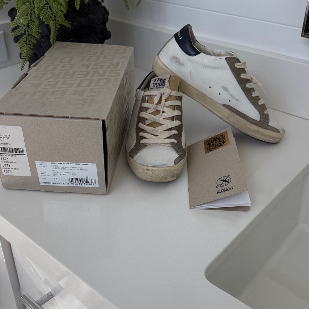 Golden Goose white and navy Sneakers, cream foam tongue.